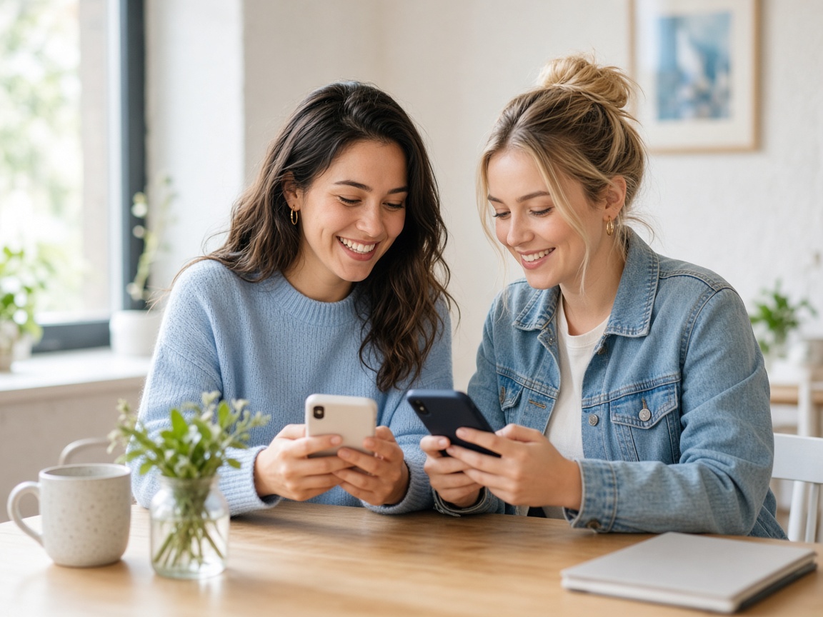 Friends messaging on phones in a bright cafe