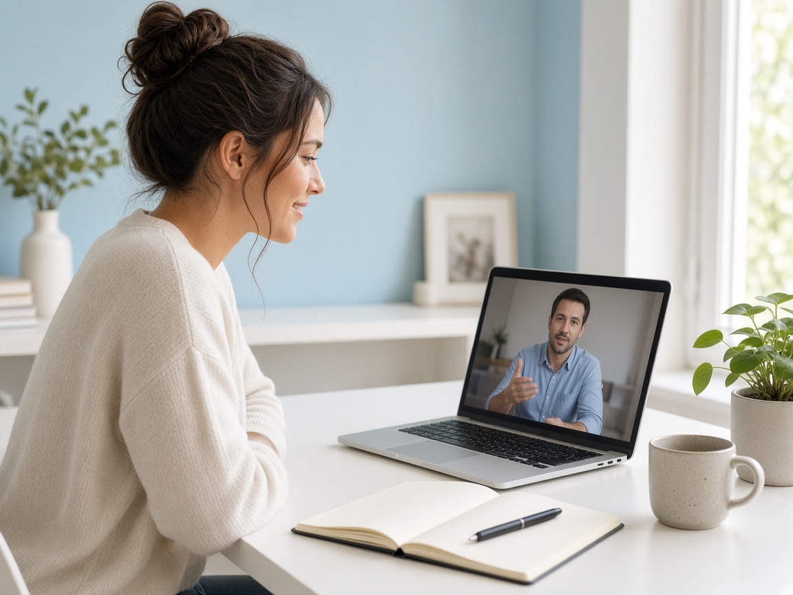 Person learning from a course on a laptop in a bright home office